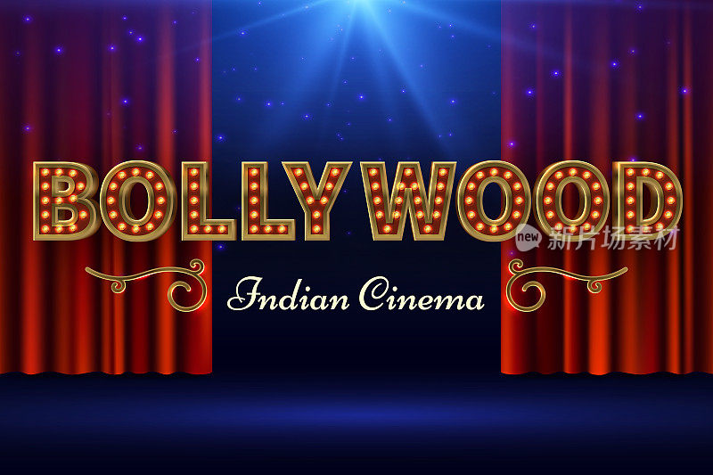 Bollywood indian film. Vintage movie poster with old stage and red curtain. Vector illustration